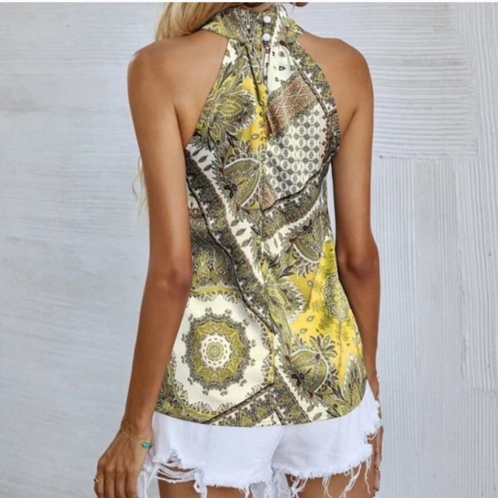 Boho Paisley Floral Print Satin Halter Tank Top - Picture 10 of 15